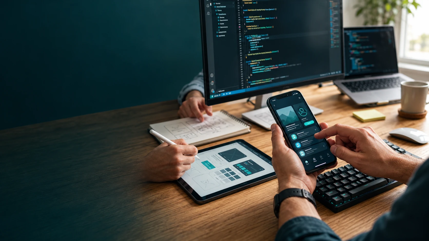 Escena conceptual de trabajo colaborativo: desarrollo de software, diseño de interfaces y pruebas en un móvil